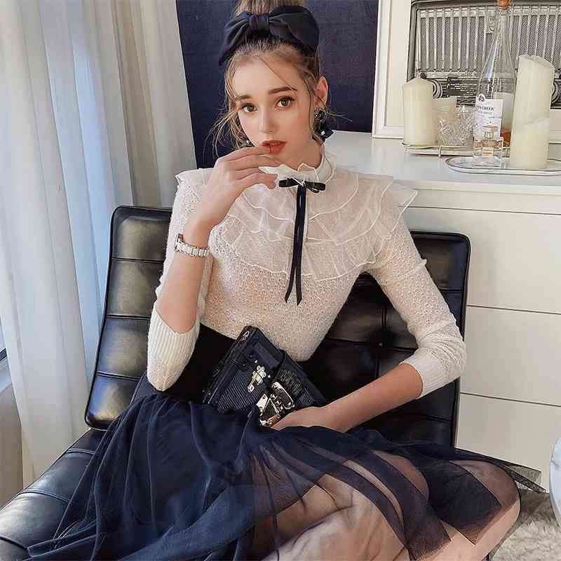 Dabuwawa Elegant Solid Office Lady Lace Women Blouse Ruffled Long Sleeves Bow Neck Shirts Female Vintage Tops Spring DO1AJS006 210520