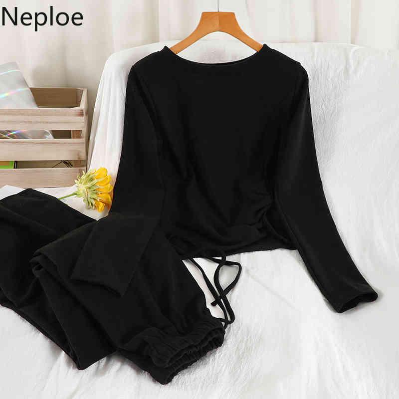 Neploe 2 Piece Set Women Korean Fashion Suit Tracksuit Loose Tops Casual Wide Leg Pants Femme Roupas Two Piece Set Female 95091 210422