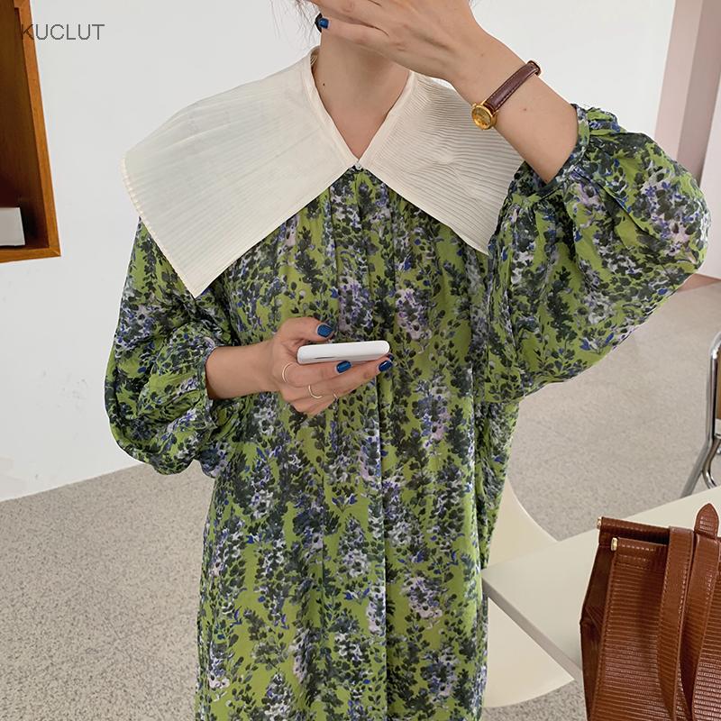 Korean Chic French Detachable Pleated Baby Collar Lace Up Waist Bubble Sleeve Floral Dress Long Skirt Men's Pants