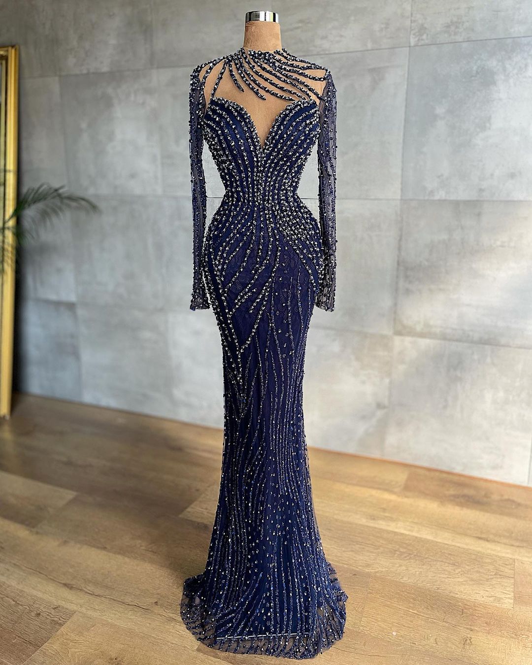 Plus Size Arabic Aso Ebi Navy Blue Luxurious Prom Dresses Beaded Mermaid Lace Evening Formal Party Second Reception Gowns Dress ZJ464