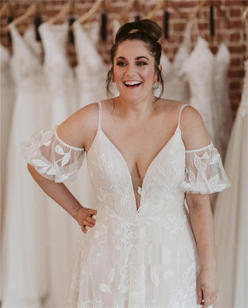 Plus Size Mermaid Wedding Dresses Bride Gown Lace Applique Spaghetti Straps Short Sleeves Custom Made Beaded Vestidos De Novia