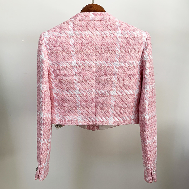 Pink Plaid Woven Wool Ladies Jacket Coat Summer Customized Fabric Diamond Button Short Women High Quality 210525