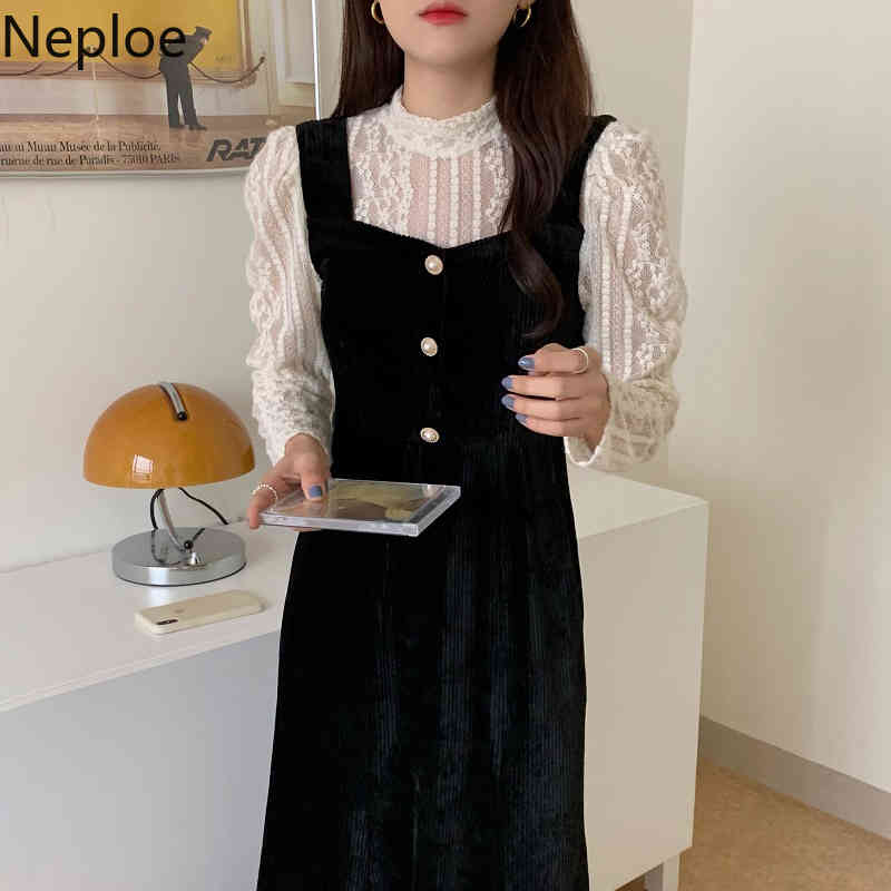Neploe Elegant Lace Dress Long Sleeve Black Dresses Women Clothing Korean High Waist Vestidos Vintage Stand Neck Corduroy Robe 210422