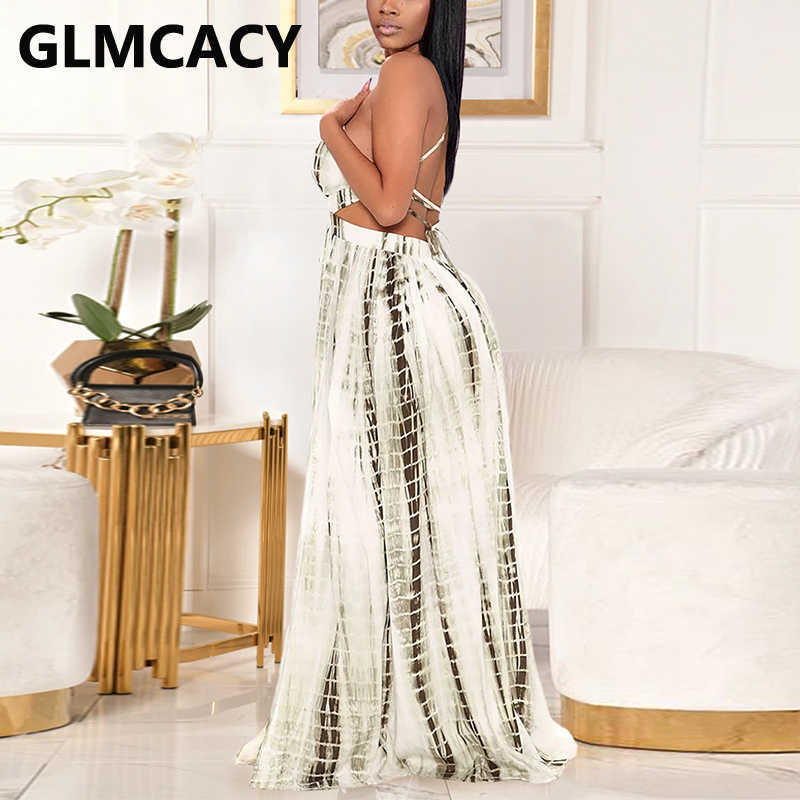 Spaghetti Strap Abstract Printed High Slit Dress 210702