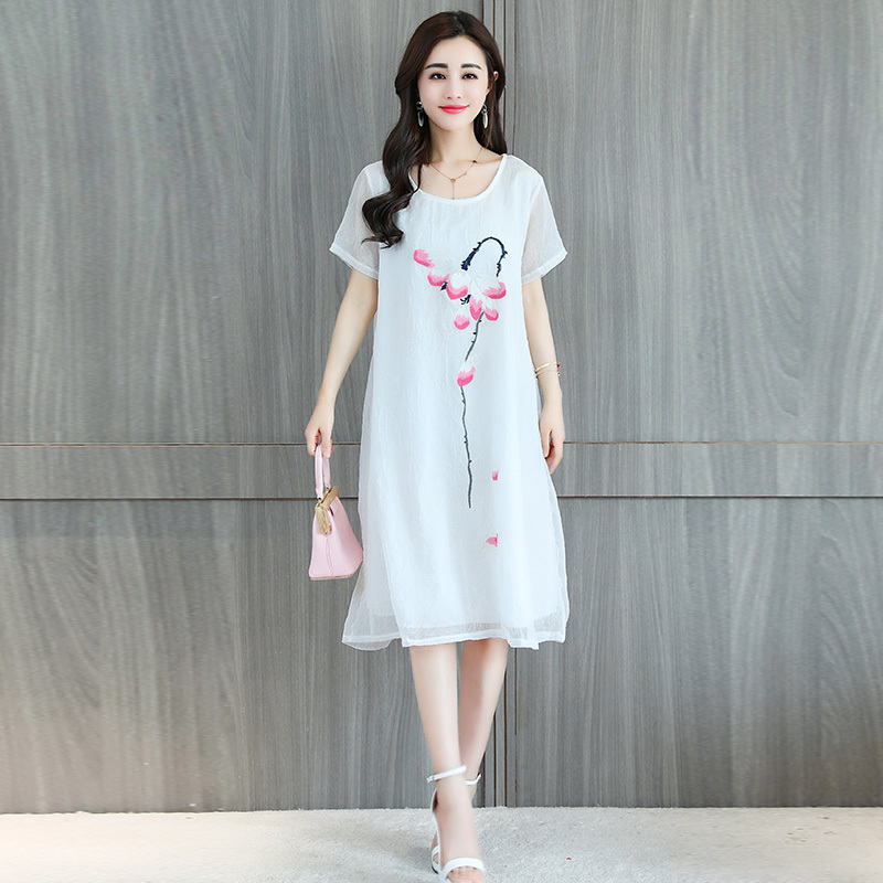 printed chiffon women dress loose plus size summer short sleeve knee length women's clothing 0273 40 210506