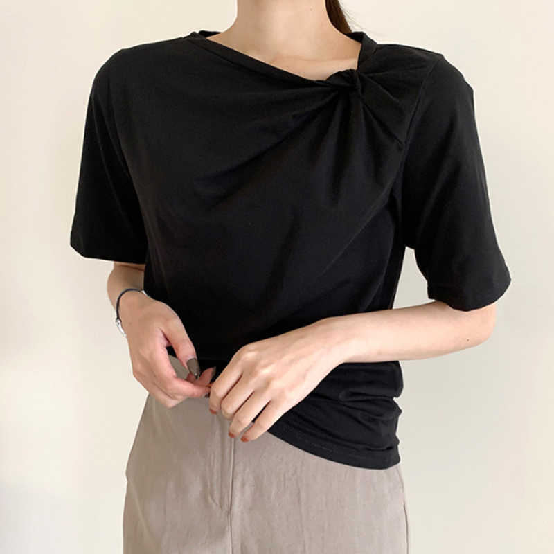 Korejpaa Women T-shirt Summer Korean Fashion Elegant Casual Irregular Round Collar Kink Casual Short-sleeved Tee Top Woman 210526