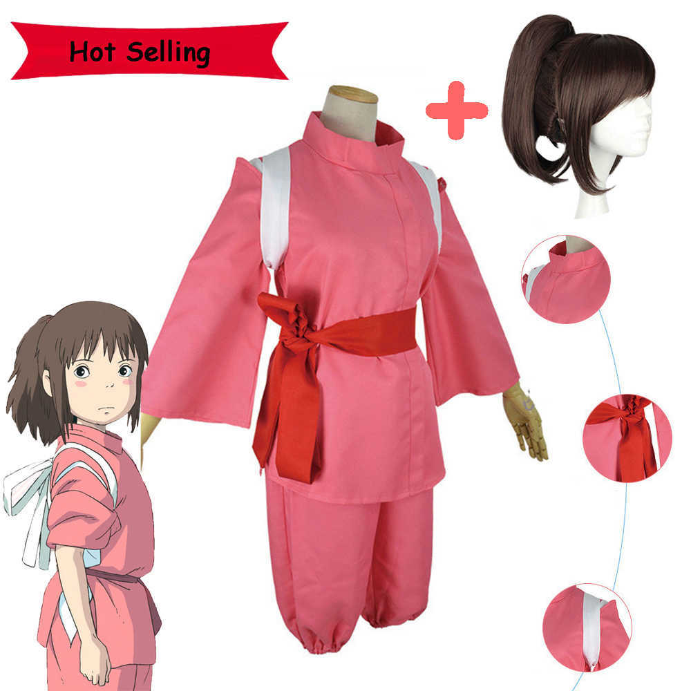 Hot Anime Movie Spirited Away Cosplay Suits Takino Chihiro Show Costumes Kamikakushi Girls Pink Kimono Sets Ladies Party Wig Y0913