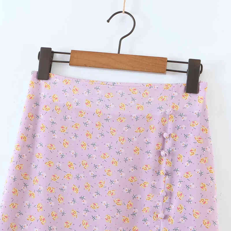 Summer Women Sexy Flower Print Side Half Slit Skirt Female Retro Fashion Button Decoration Buttocks Mini Skirt 210520