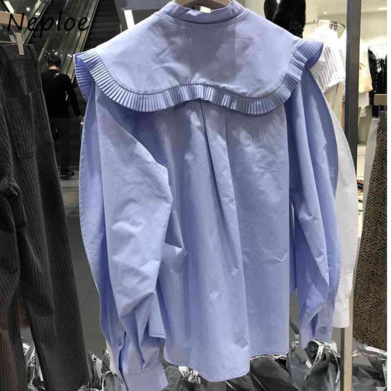 Elegant Wooden Ear Patchwork Loose Blouse Women Peter Pan Collar Long Sleeve Solid Blusas Spring Shirt 210422Z