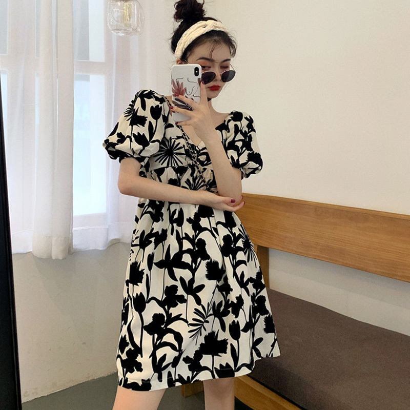 Summer Robe Korean Dress for Women Plus Size Printed Mini Vestidos High Waist Puff Sleeve V Neck Vintage Dresses 4j551 210519