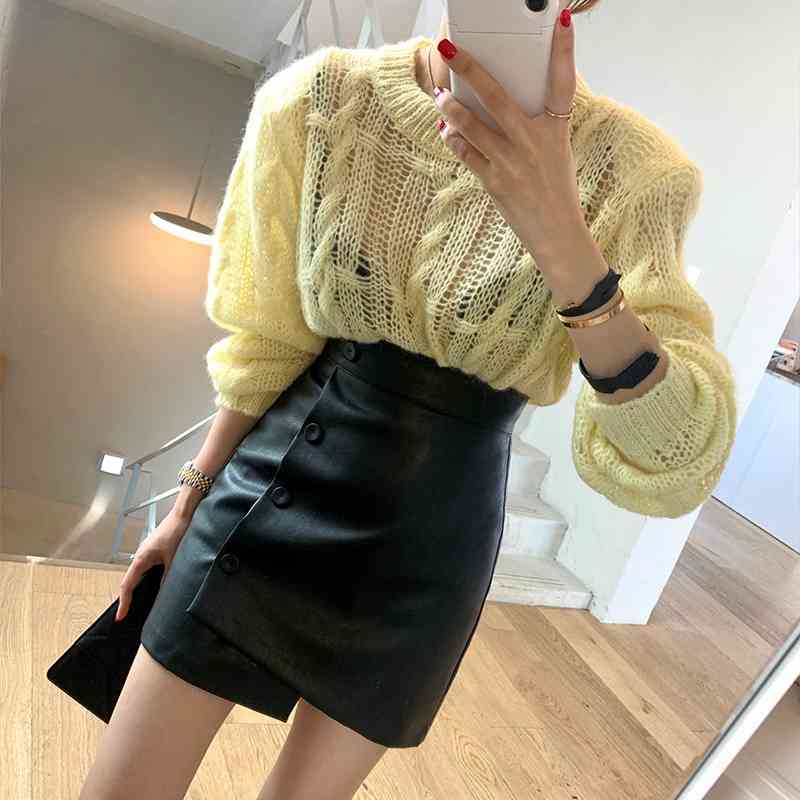 Nomikuma Autumn Winter New PU Skirt Korean Irregular Buttons Leather Women Skirts Causal High Waist Faldas Mujer Moda 6D149 210427