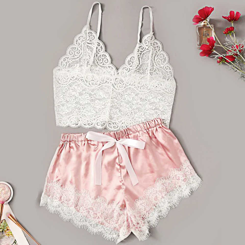 Women Sexy Temptation Lace Pajamas Set V-collar Pijamas Set Summer Women's Sleepwear Sexy Cute Top And Shorts 210924