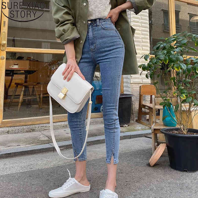 Streetwear Blue Denim Split Cuff High Waist Skinny Fashion Fall Female Pencil Pants Women Jeans 10404 210417