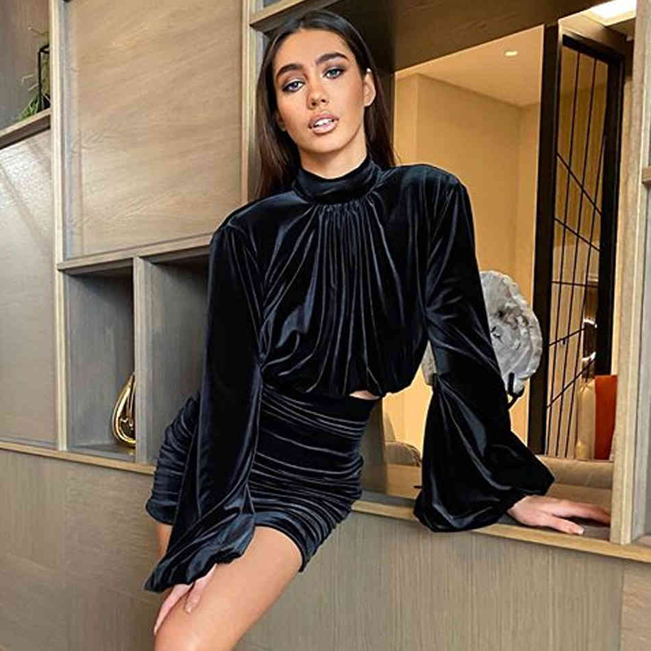 Fashion Black 2 Two Piece Sets Sexy Women Winter Long Sleeve Crop Top& Mini Skirt Club Celebrity Runway Party Set 210423