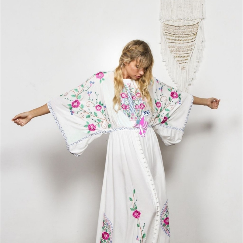 Arrival Floral Embroidery Bohemian Maxi Dress Female Casual People Beach Dresses Vestidos 210520