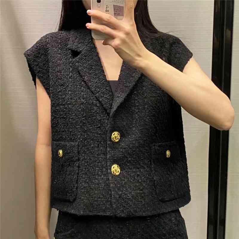 Elegant Women Block Tweed Notched Collar Blazers Fashion Ladies Button Jackets Streetwear Female Chic Pocket Coats 210430