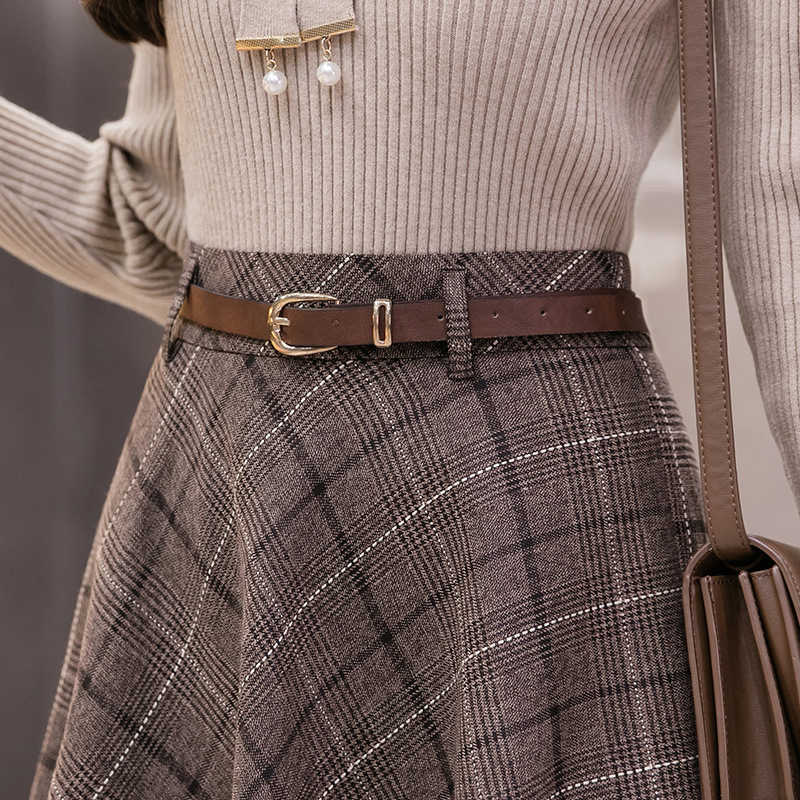 High Waisted Woolen Skirt Women' Mid Plaid A-line Umbrella Skirt Women For Autumn Winter Long Skirts Women With Belt 211119