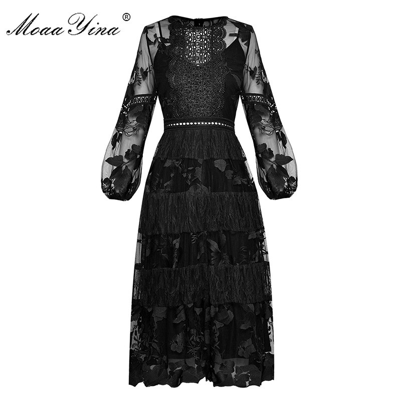 Vintage Fashion Dress Spring Women's Lantern sleeve see through Mesh Floral Embroidery Sexy party Long 210524