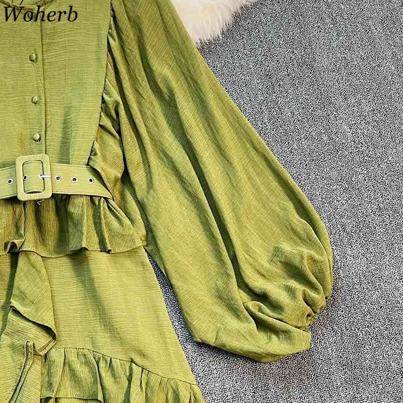 Korean Lantern Sleeve Women Dresses Irregular Ruffle Patchwork Vestidos Summer Robe Belt Slim Waist Sweet Mini Dress 210519