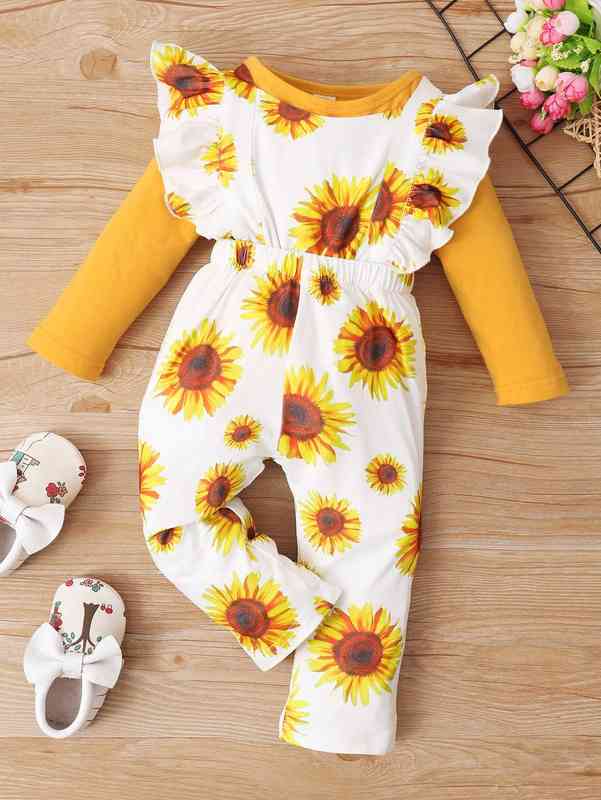 Baby Solid Bodysuit & Sunflower Print Ruffle Trim Jumpsuit SHE