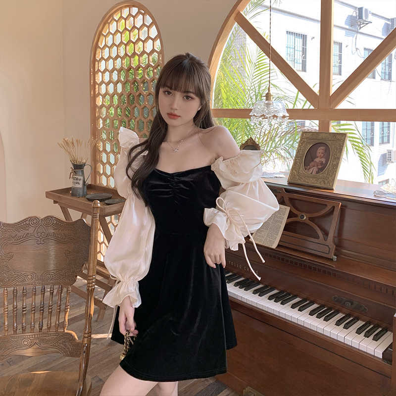 Women's Elegant Velour Ruffle Lace-Up Puff Sleeve Patchwork Dress For Spring