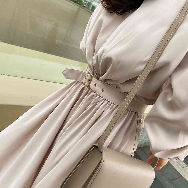 Korea Chic Elegant Mature Solid Spring Dress Slim High Waist Mid-Length Stand Collar Women Office Lady Vestido Mujer 210520
