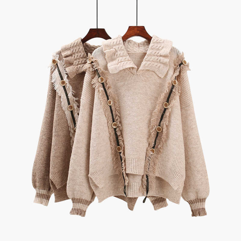 H.SA Women Winter Sweater and Pullovers Turtleneck Turn down Collar Pull Sweaters Tassel Knit Jumpers Winter Clothes Button Tops 210716