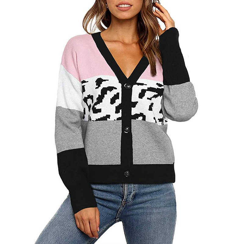 Winter Clothes Women Color-blocking Patchwork Sweaters Lady Button V-Neck Short Cardigan Leopard Casual Plus Size Mujer 210604