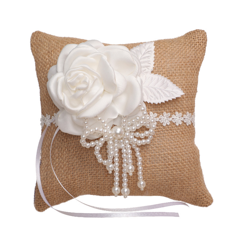 Linen Wedding Flower Basket Ring Pillow Set with Satin Rose Pearl Elegant Bride Girl Baskets H-5713 Party Supplies