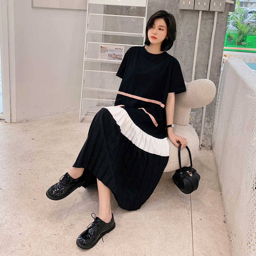 VANOVICH Korean Style Women Dress Summer 's Round Collar Casual Cotton Pleated Short Sleeve Clothing 210615