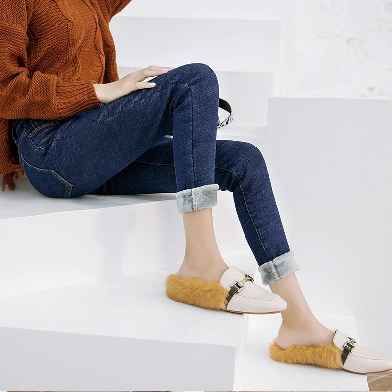 Casual Warm Female Trousers Winter Jeans Women Stretch Soft Velvet Thicken Denim Pants Skinny Plus Size 7581 50 210508