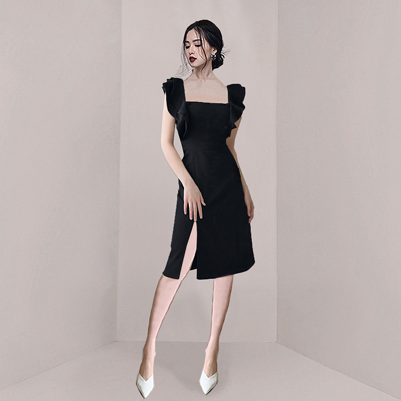 Women Sexy Black Split Dress Sheath Ruffles Butterfly Sleeve Bodycon Square Collar Lady Fashion Party 210506