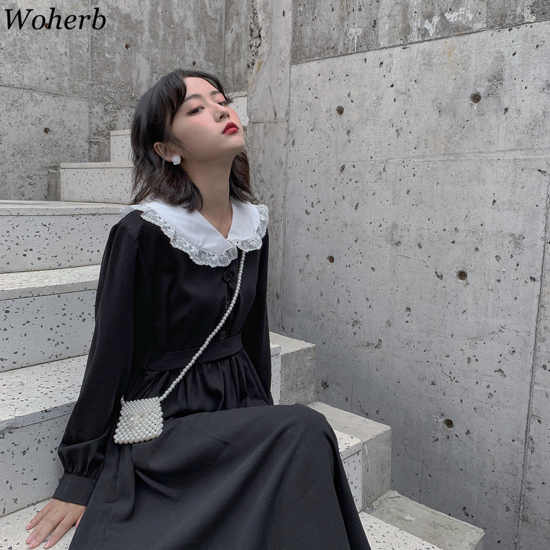 Black Fashion Dress Korean Vintage Slim Waist Long Sleeve Dresses Women Peter Pan Collar Lace Up Vestidos 25383 210519