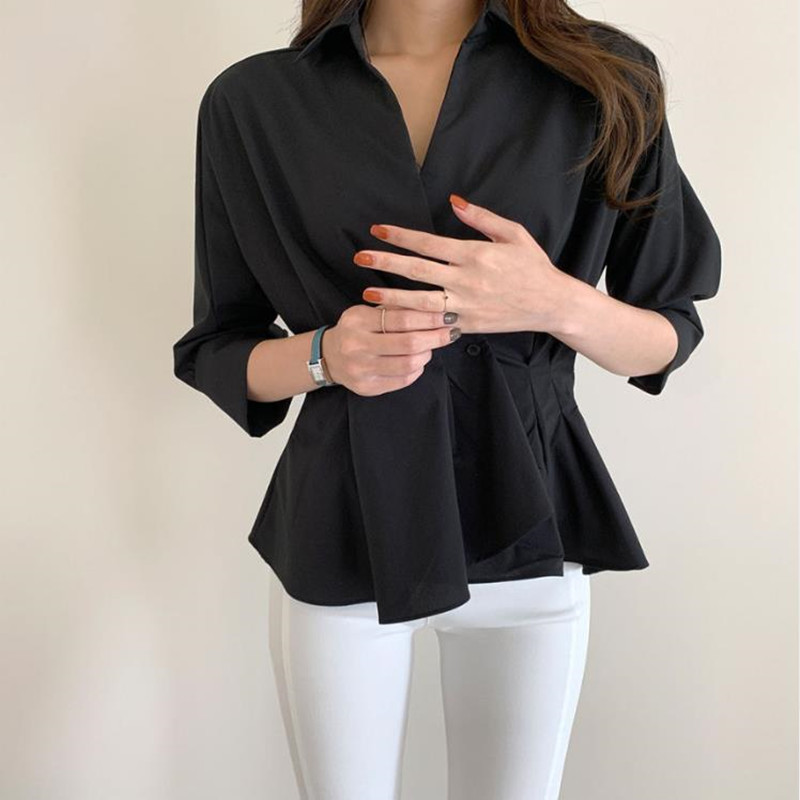 Office Lady Minimalist Loose Solid Basic Shirt Women Autumn Work Wear Lapel Long Sleeve Blouses Blusas Femme 210421