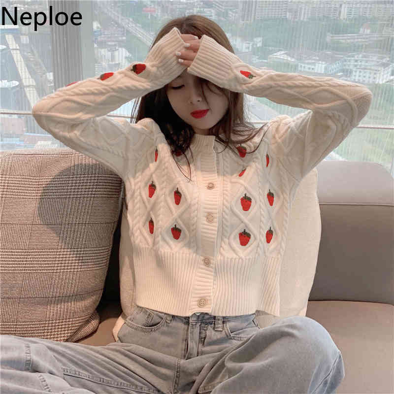 Neploe Sweater for Women Strawberry Crochet Floral Knitted Cropped Cardigan Fashion Korean Sueter Coat Fall Clothes Pull Femme 210422