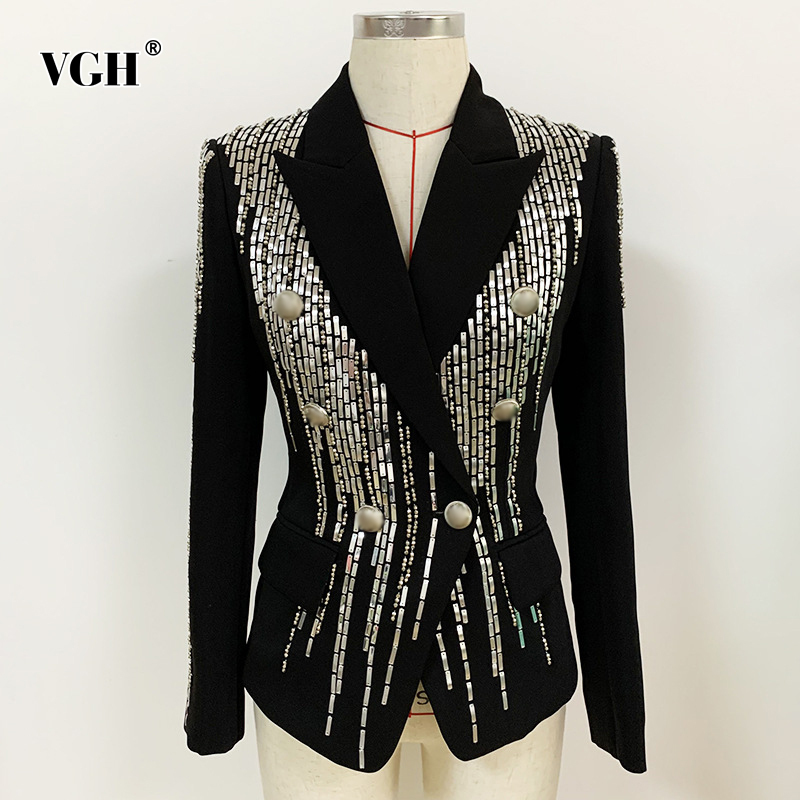 VGH Streetwear Patchwork Blazer For Women Notched Long Sleeve Sequined Rivet Slim Plus Size Blazers Female Fashion Clothes Style 210421