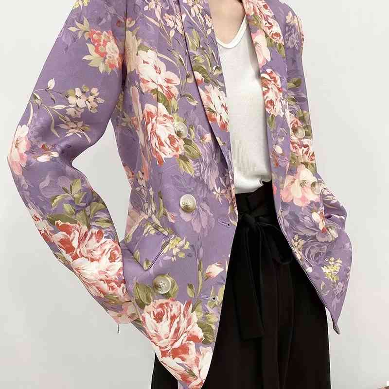 elegant women chrysanthemum printing purple blazer fashion ladies pocket jackets casual female chic slim suits 210430