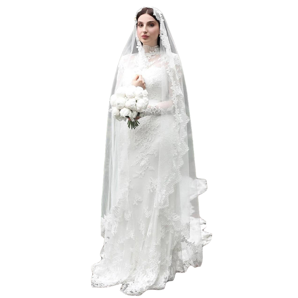Vintage Wedding Dresses With High-neck Long-sleeves Appliqued Race Wedding Dress With Veil Custom Made Vestidos De Novia
