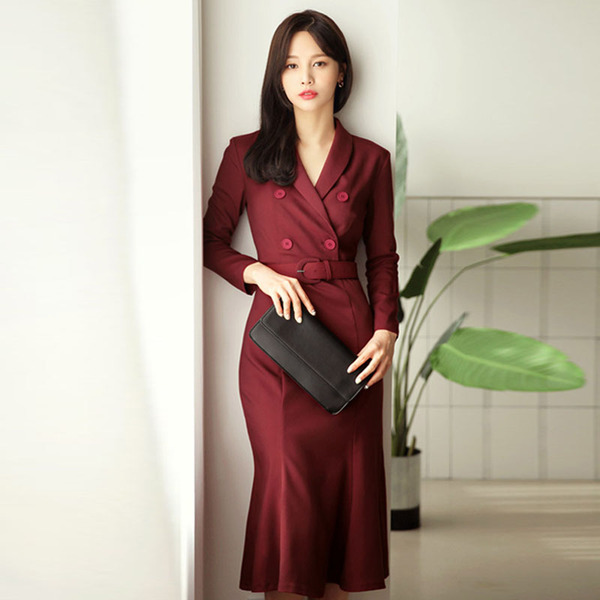 High quality Autumn Business Women Office OL Formal Long Sleeve double-breasted Bodycon Slim Work Dress 210518