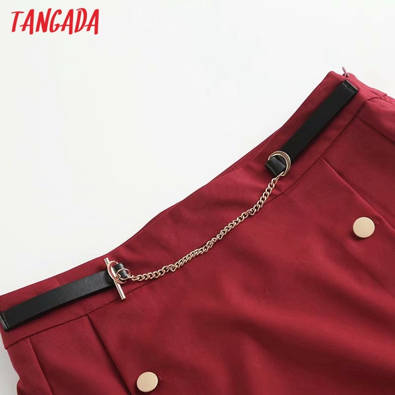 Women Red Chain Decorate Midi Skirt Faldas Mujer Vintage Side Zipper Office Ladies Elegant Chic Mid Calf Skirts 4C64 210416