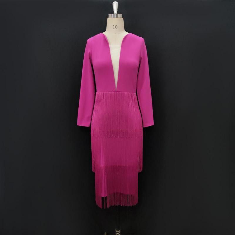 Women Dress Deep V Neck Long Sleeve es Temperament Tassel Spliced Party Sexy Plus Size Ladies es 210513