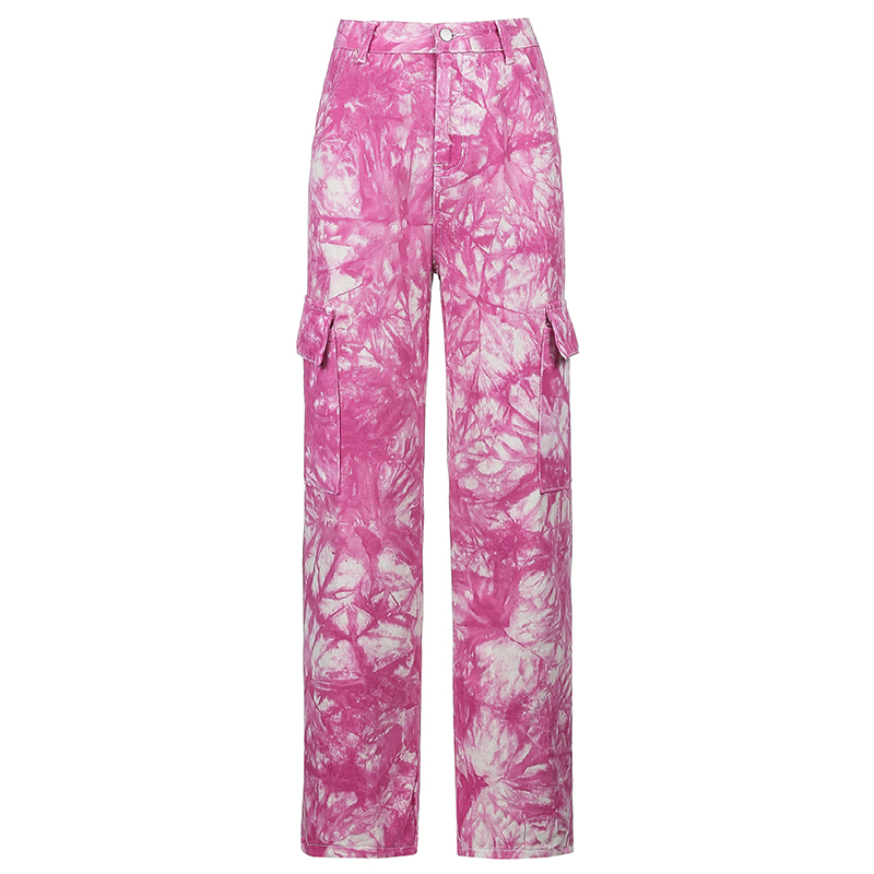 women wide leg jeans Camflouge pink big pocket high waist stright pants casual hip pop trousers 210524