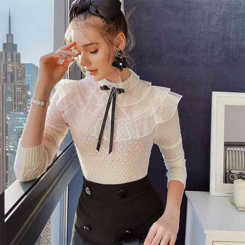 Dabuwawa Elegant Solid Office Lady Lace Women Blouse Ruffled Long Sleeves Bow Neck Shirts Female Vintage Tops Spring DO1AJS006 210520