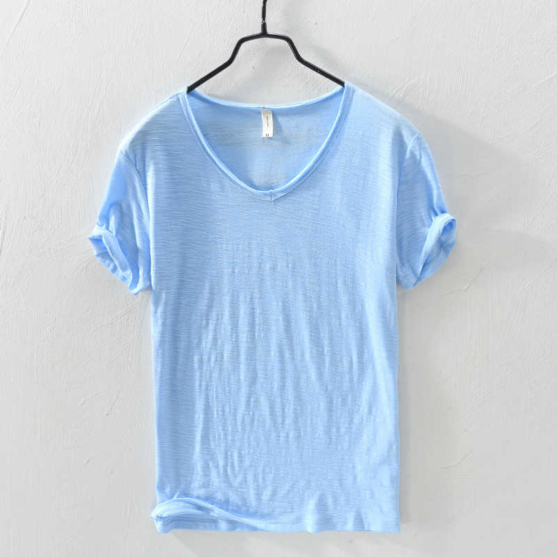 Summer 100% Cotton T-shirt Men V-neck Solid Color Casual T Shirt Basic Tees Plus Size Short Sleeve Tops Y2449 210623