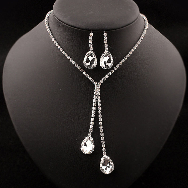 Shiny 925 Sterling Silver Plated Water Drop Necklace Earrings Jewelry Set Rhinestone CZ Crystal Jewellery Sets for Women Bridal Wedding Statement Jewe