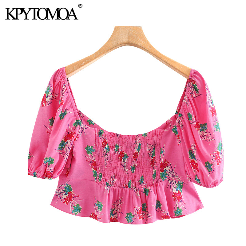 Women Fashion Floral Print Cropped Blouses Tied V Neck Puff Sleeve Female Shirts Blusas Mujer Chic Tops 210420