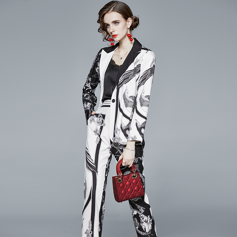 Women's Two Piece Pants Fashion Women Flower Print 2 Pieces Sets Single Button Long Sleeve Blazer + Elastic Waist Pocket Pant Suit