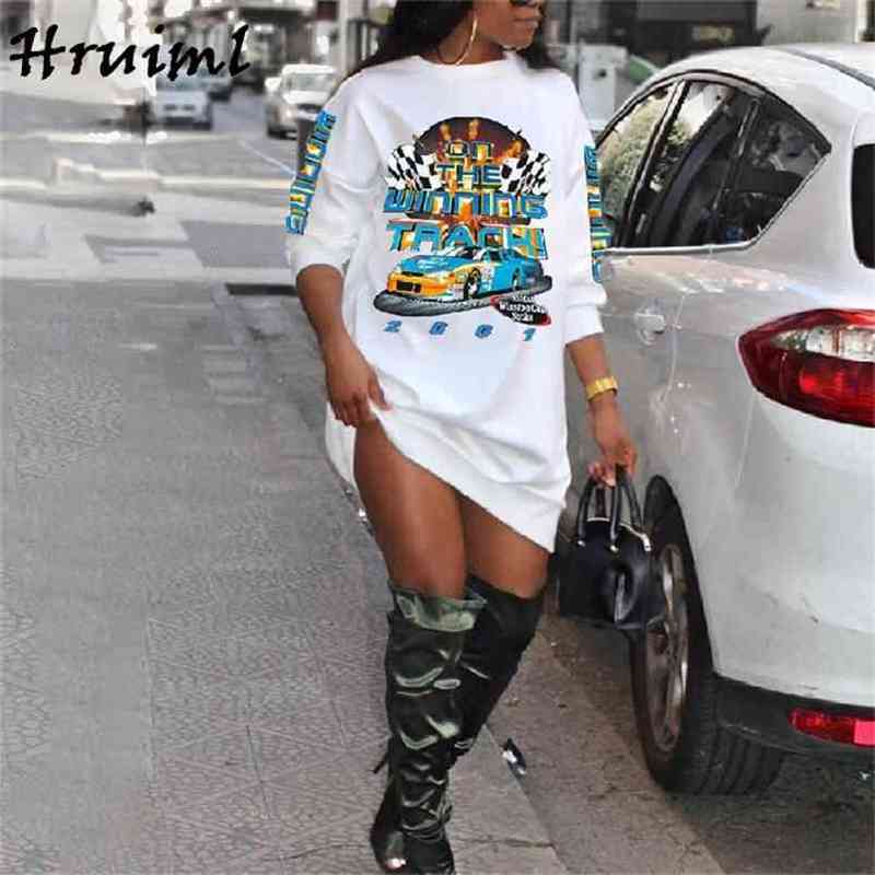 Autumn Print Sweatshirt Dress Women Long Sleeve O Neck White Mini Casual Loose Plus Size High Street Oversize Shirt 210513