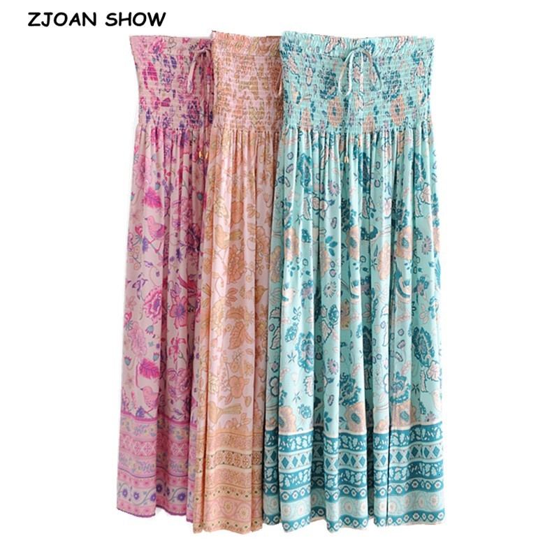 

Casual Dresses 3 colors 2021 Bohemia Spliced Floral Bird Print Hem Slit Midi Long Skirt Holiday Women Elastic High Waist Swing Ski, Pink