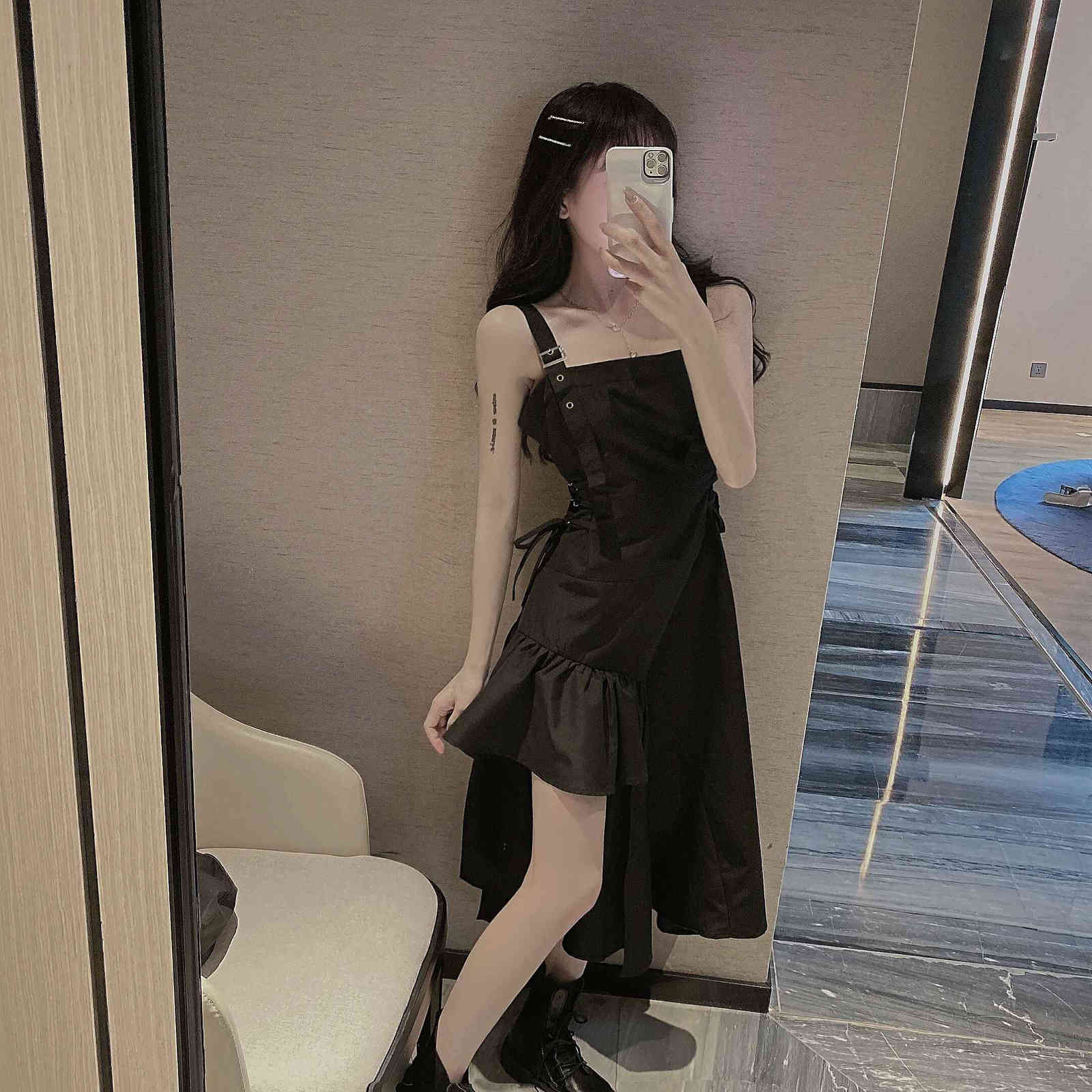 Japanese Style Women Streetwear Irregular Suspenders Black Bandage Dress Sleeveless Elegant Casual Slim 210519